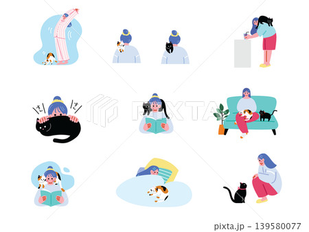 猫と暮らす女性のイラストセット 139580077