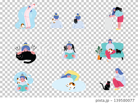 猫と暮らす女性のイラストセット 139580077
