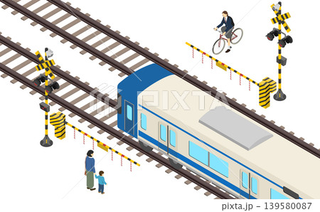 アイソメトリックイラスト:電車が通る踏切で待っている人 アイソメトリックイラスト:電車が通る踏切で待っている人 139580087