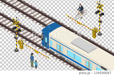 アイソメトリックイラスト:電車が通る踏切で待っている人 アイソメトリックイラスト:電車が通る踏切で待っている人 139580087