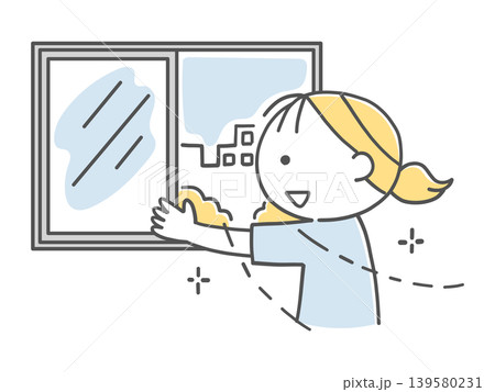 窓を開けて換気をする女の子のイラスト単色 窓を開けて換気をする女の子のイラスト単色 139580231