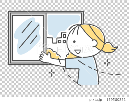 窓を開けて換気をする女の子のイラスト単色 窓を開けて換気をする女の子のイラスト単色 139580231
