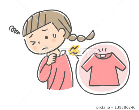 服のタグが肌に触れて不快に感じる女の子のイラスト 139580240