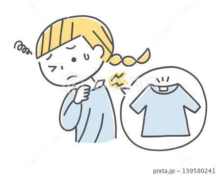 服のタグが肌に触れて不快に感じる女の子のイラスト単色 服のタグが肌に触れて不快に感じる女の子のイラスト単色 139580241