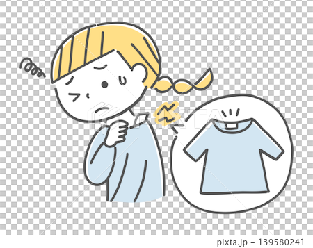 服のタグが肌に触れて不快に感じる女の子のイラスト単色 服のタグが肌に触れて不快に感じる女の子のイラスト単色 139580241