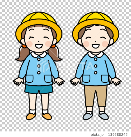 一個穿著幼兒園衣服的微笑的小女孩和男孩(顏色) 一個穿著幼兒園衣服的微笑的小女孩和男孩(顏色) 139580245