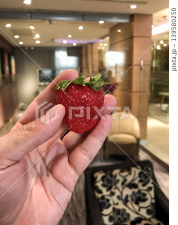 Hand holds a ripe red strawberry inside a softly lit interior. Fresh fruit texture appears sharp against blurred surroundings. Hand holds a ripe red strawberry inside a softly lit interior. Fresh fruit texture appears sharp against blurred surroundings. 139580250