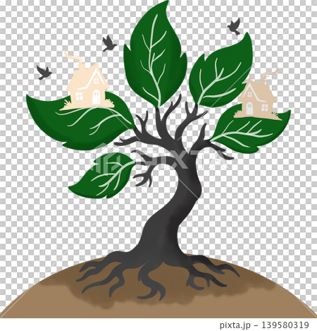 Creative Environment Day illustration featuring a symbolic tree with lush green leaves, tiny eco houses, and flying birds, representing sustainable living. Creative Environment Day illustration featuring a symbolic tree with lush green leaves, tiny eco houses, and flying birds, representing sustainable living. 139580319