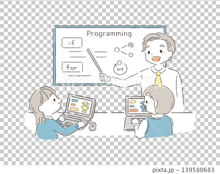 Illustration of a classroom scene where children are learning programming. Illustration of a classroom scene where children are learning programming. 139580683