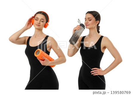 Set, Yoga with foam roller and water, PNG 139580769