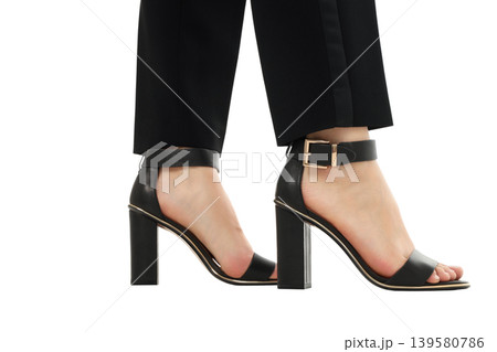Woman wears black high heels on white background, PNG Woman wears black high heels on white background, PNG 139580786