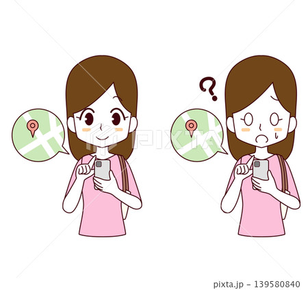 スマートフォンで地図を見る女性のイラスト2種類セット 139580840
