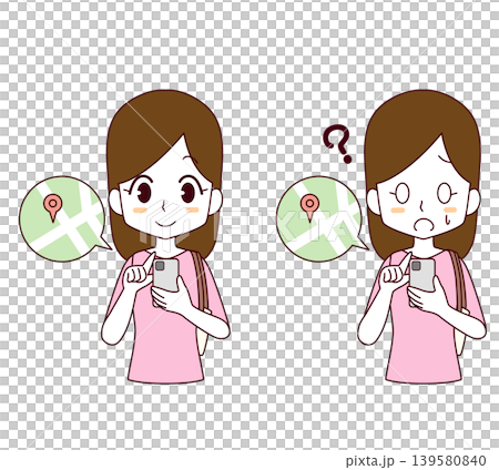 A set of two illustrations of a woman looking at a map on her smartphone. 139580840