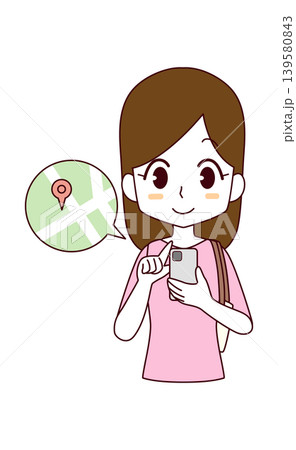スマートフォンで地図を見る女性のイラスト スマートフォンで地図を見る女性のイラスト 139580843