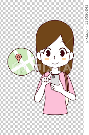 スマートフォンで地図を見る女性のイラスト スマートフォンで地図を見る女性のイラスト 139580843