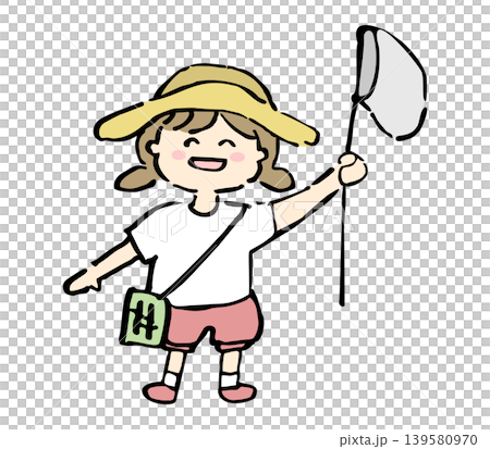 手繪插圖,描繪了一個戴著帽子、手持捕蝶網的女孩。夏天。 手繪插圖,描繪了一個戴著帽子、手持捕蝶網的女孩。夏天。 139580970