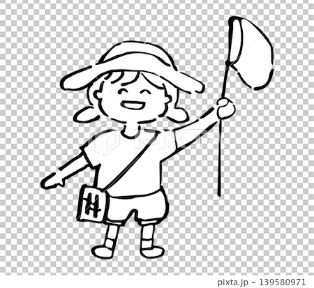 手繪插圖，描繪了一個戴著帽子、手持捕蝶網的女孩。夏天。 139580971
