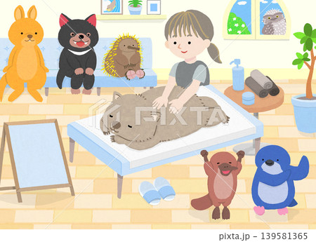 マッサージを受けるウォンバットと、動物たち(タスマニアデビル、ハリモグラ、ワラビー、カモノハシ) マッサージを受けるウォンバットと、動物たち(タスマニアデビル、ハリモグラ、ワラビー、カモノハシ) 139581365