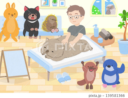 マッサージを受けるウォンバットと、動物たち(タスマニアデビル、ハリモグラ、ワラビー、カモノハシ) マッサージを受けるウォンバットと、動物たち(タスマニアデビル、ハリモグラ、ワラビー、カモノハシ) 139581366