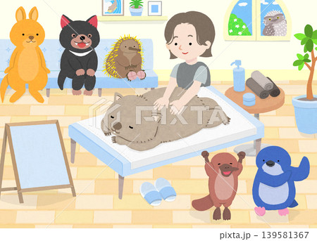 マッサージを受けるウォンバットと、動物たち(タスマニアデビル、ハリモグラ、ワラビー、カモノハシ) マッサージを受けるウォンバットと、動物たち(タスマニアデビル、ハリモグラ、ワラビー、カモノハシ) 139581367