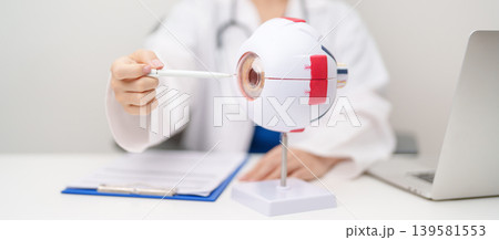 Doctor with human Eye anatomy model with magnifying glass. Eye disease, Refractive Errors, Age Related Macular Degeneration, Cataract, Diabetic Retinopathy, Glaucoma, Amblyopia, Strabismus and Health 139581553