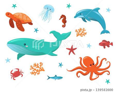 Cute sea animals and marine life set, flat vector illustration of whale, dolphin, octopus, turtle and jellyfish, colorful nautical ocean characters isolated on white background for kids design Cute sea animals and marine life set, flat vector illustration of whale, dolphin, octopus, turtle and jellyfish, colorful nautical ocean characters isolated on white background for kids design 139581600