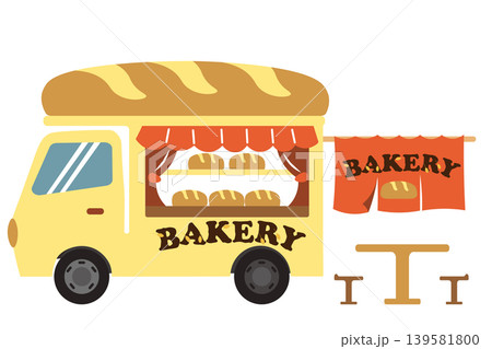 イートインできるフランスパン屋根の可愛い移動販売車のイラスト イートインできるフランスパン屋根の可愛い移動販売車のイラスト 139581800