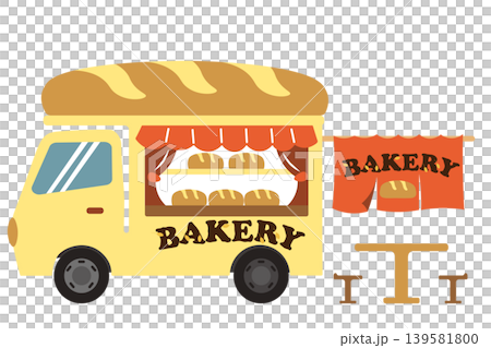 イートインできるフランスパン屋根の可愛い移動販売車のイラスト イートインできるフランスパン屋根の可愛い移動販売車のイラスト 139581800