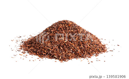 Rooibos tea leaves closeup isolated, dry red tea pile macro texture Rooibos tea leaves closeup isolated, dry red tea pile macro texture 139581906