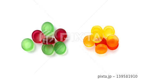 Round gummy candy pile isolated. Chewing colorful marmalade pills, jelly gumdrops heap Round gummy candy pile isolated. Chewing colorful marmalade pills, jelly gumdrops heap 139581910