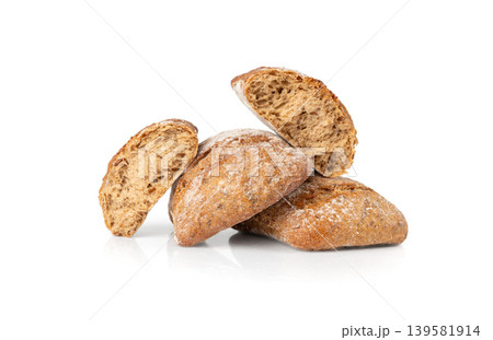 Brown rye bun, square gluten free bread, whole grain healthy breakfast bread Brown rye bun, square gluten free bread, whole grain healthy breakfast bread 139581914