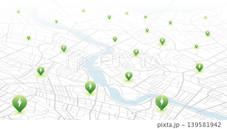 Perspective city map featuring network of green electric vehicle charging points. Vector illustration. 139581942