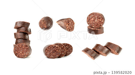 Black pudding isolated, blood sausage kaszanka, traditional Polish terrine, brawn sausages on white Black pudding isolated, blood sausage kaszanka, traditional Polish terrine, brawn sausages on white 139582020