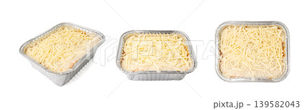 Lasagna portion in aluminium foil tray isolated. Oven baked lasagne for heating, container, airplane food 139582043