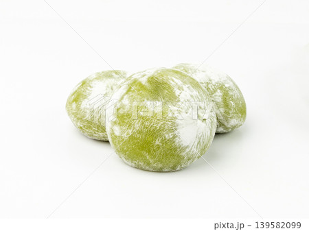 Matcha mochi rice cake, green tea daifuku, Japanese traditional dessert, round wagashi 139582099