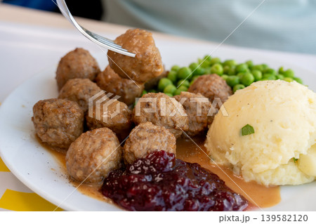 Meatballs with mashed potatoes, green peas Meatballs with mashed potatoes, green peas 139582120