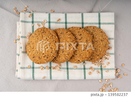 Whole and broken oatmeal cookies, cereal biscuits, fitness bakery 139582237