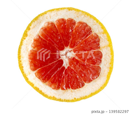 Red grapefruit pulp slice closeup, peeled citrus piece 139582297