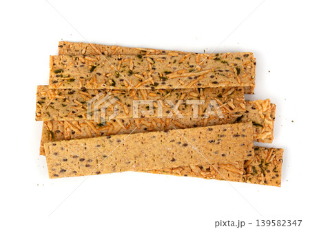 Crunchy gluten free crispbread with various seeds top view Crunchy gluten free crispbread with various seeds top view 139582347