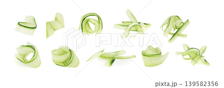 Cucumber cut isolated, cucumber slices, green vegetable cuts for salad isolated Cucumber cut isolated, cucumber slices, green vegetable cuts for salad isolated 139582356