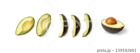 Hass Avocado Half Isolated, Whole Sharwil Set, Brown Avocados Slice, Fresh Alligator Pear, Persea Americana 139582601