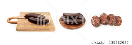 Black pudding isolated, blood sausage kaszanka, traditional Polish terrine, brawn sausages on white 139582623