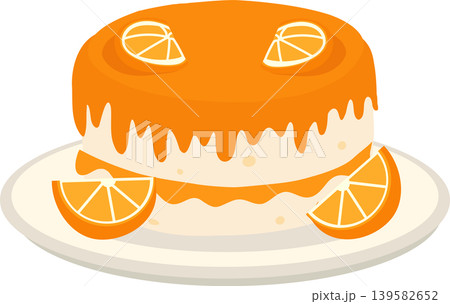 Orange dessert cake with orange glaze and fruit slices on plate Orange dessert cake with orange glaze and fruit slices on plate 139582652