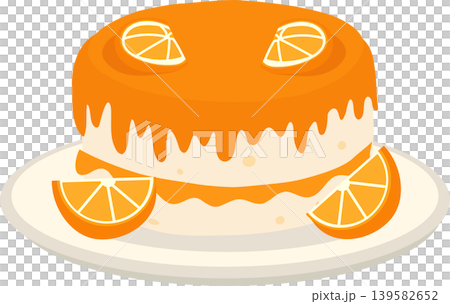 Orange dessert cake with orange glaze and fruit slices on plate Orange dessert cake with orange glaze and fruit slices on plate 139582652