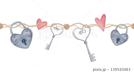Watercolor seamless border with rope, keys and heart locks, hand drawn romantic valentine ribbon illustration isolated on white Watercolor seamless border with rope, keys and heart locks, hand drawn romantic valentine ribbon illustration isolated on white 139583061