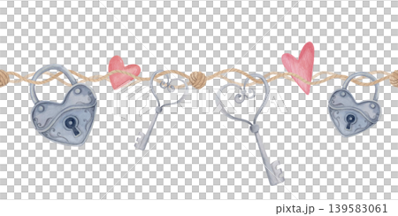 Watercolor seamless border with rope, keys and heart locks, hand drawn romantic valentine ribbon illustration isolated on white Watercolor seamless border with rope, keys and heart locks, hand drawn romantic valentine ribbon illustration isolated on white 139583061
