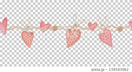 Watercolor seamless border with rope and hanging hearts isolated on white, hand drawn romantic valentine ribbon trim background Watercolor seamless border with rope and hanging hearts isolated on white, hand drawn romantic valentine ribbon trim background 139583062