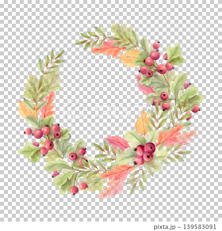 Watercolor autumn wreath with forest berries and leaves, hand drawn botanical round frame in warm fall tones for cards, labels. Watercolor autumn wreath with forest berries and leaves, hand drawn botanical round frame in warm fall tones for cards, labels. 139583091