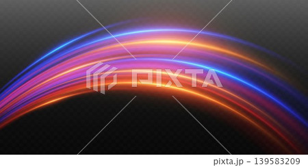 Dynamic glowing light trails creating colorful energy wave motion effect 139583209
