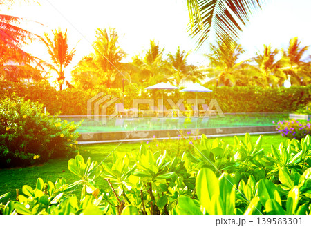 Tropical landscape resort background. Swimming pool with sun loungers with palm trees on villa Tropical landscape resort background. Swimming pool with sun loungers with palm trees on villa 139583301